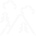 Black and white mountain icon with trees and clouds, representing nature and tranquility.