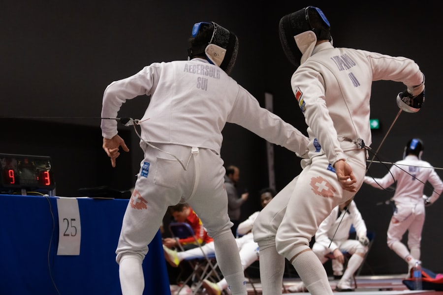 Two fencers in a competitive fencing match.